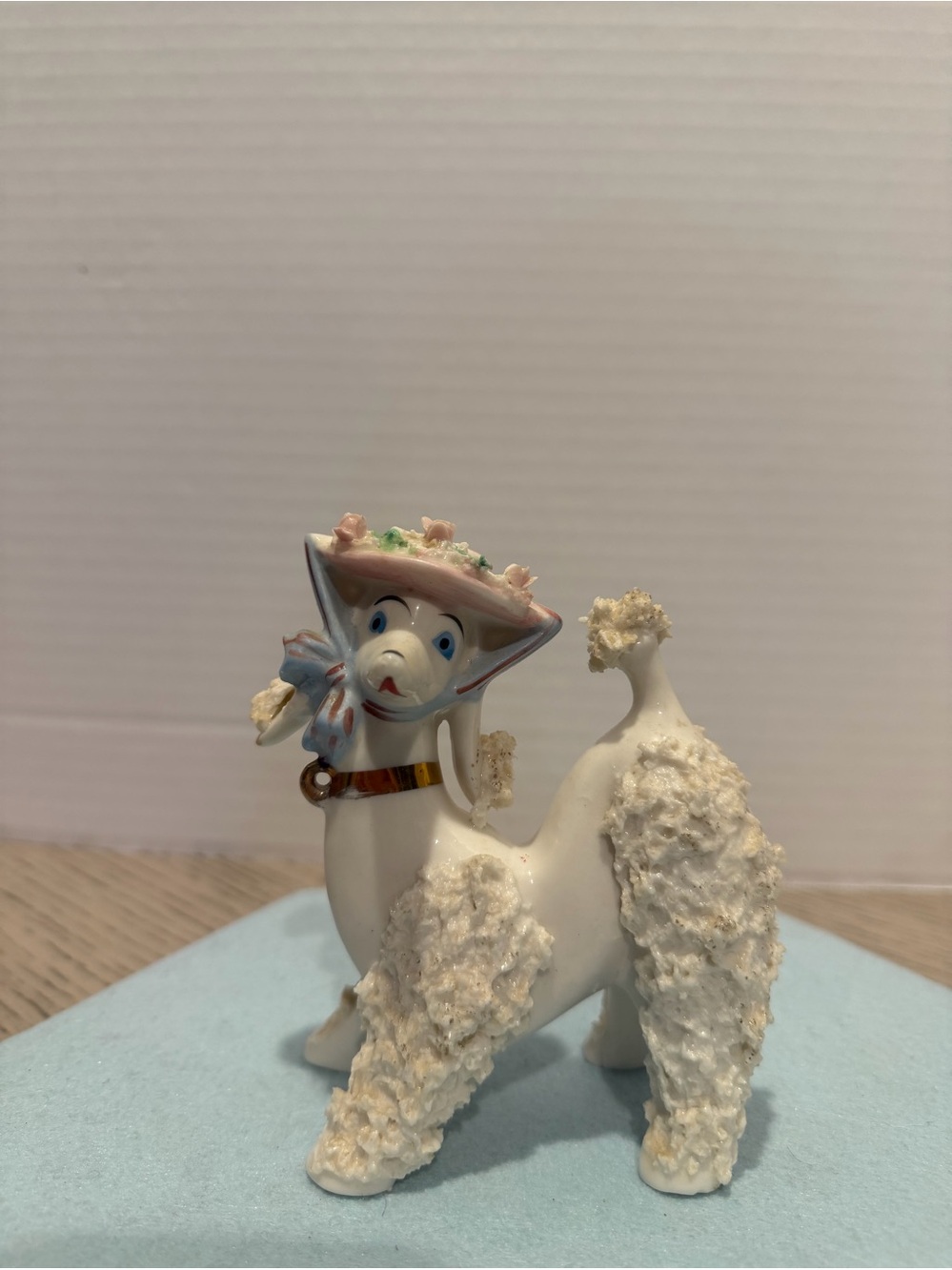 Spaghetti Poodle Dog Porcelain Figurine Pink Hat Gold Accents Vintage MCM